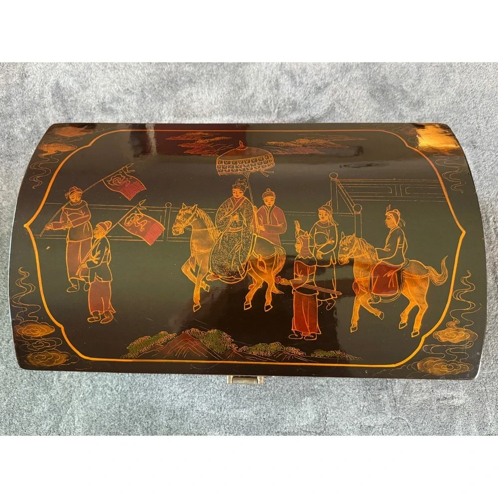 Vintage Chinese Lacquer Domed Trunk Black Gold Royal Procession Chest YC053A‎